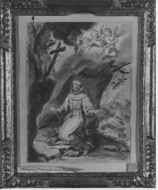 san Francesco in preghiera (disegno) di Preciado de la Vega Francisco (sec. XVIII)