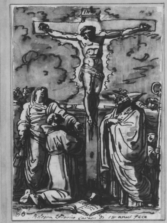 Madonna, san Francesco d'Assisi ed un santo vescovo ai piedi di Cristo crocifisso (disegno) di Carracci Annibale (sec. XVI)