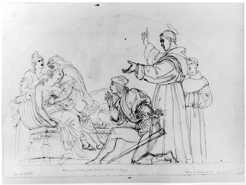 Sant'Antonio risana la moglie di un soldato da questi quasi uccisa per gelosia, sant'Antonio da Padova guarisce una giovane donna (disegno preparatorio) di Sabatelli Luigi (attribuito) (secondo quarto sec. XIX)