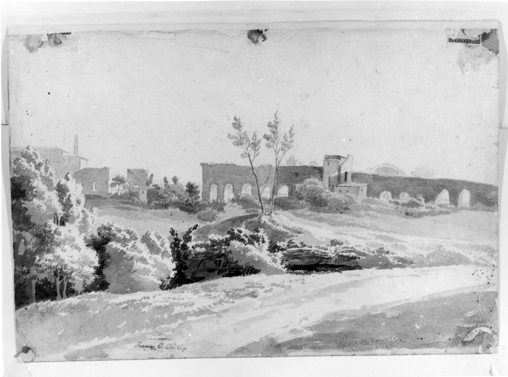 paesaggio con rovine (disegno) di Costantin Jean Antoine (attribuito) (sec. XVIII)