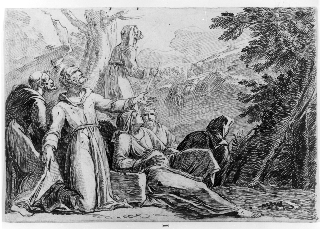 San Francesco d'Assisi in preghiera (disegno) di Costantin Jean Antoine (sec. XVIII)