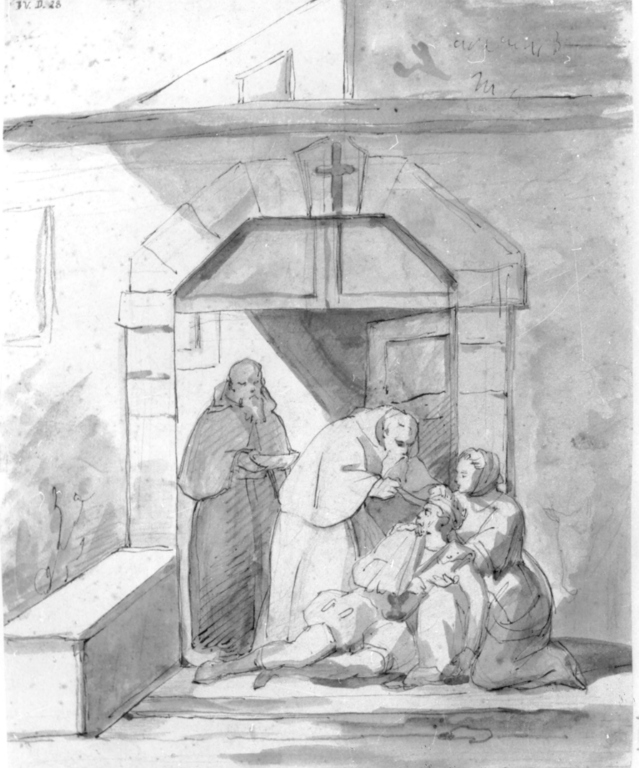 Frate che assiste un ferito sulla porta del convento (disegno) di Nadorp Franz Johann Heinrich (seconda metà sec. XIX)