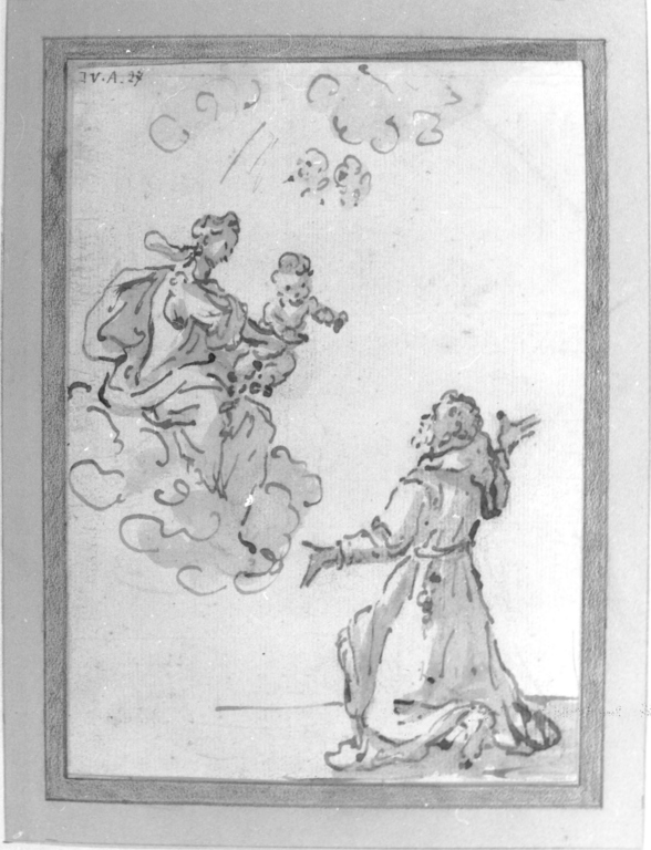 Apparizione della Madonna con Gesù Bambino a S. Francesco d'Assisi (disegno) di Bassetti Marcantonio (fine/inizio secc. XVI/ XVII)