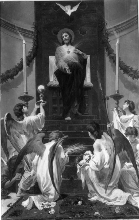 Gesù con Sacro Cuore e angeli con simboli della Passione e dell'Eucarestia (dipinto) di Grandi Francesco (sec. XIX)