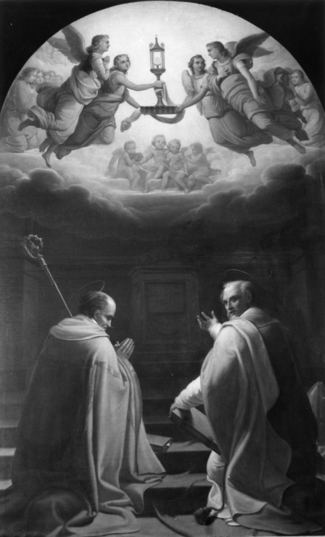 Gloria dell'Eucaristia con due santi vescovi (dipinto) di Chialli Vincenzo (sec. XIX)