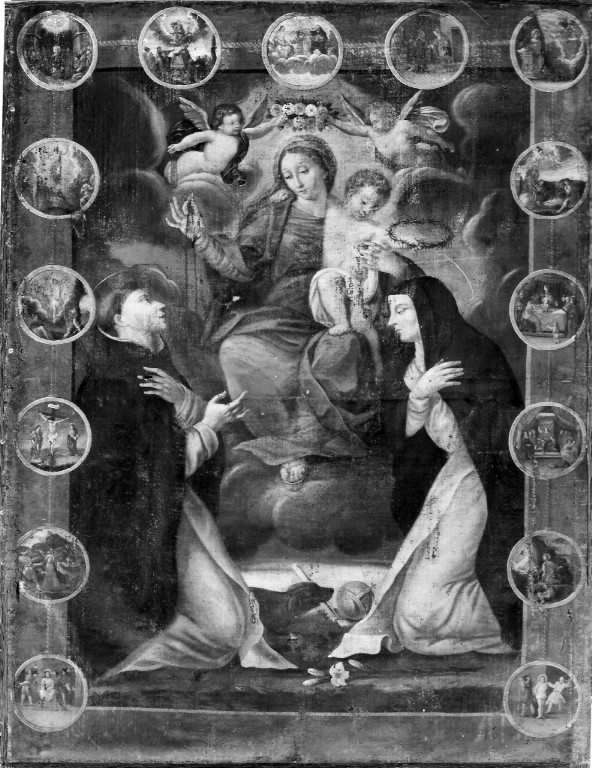 Madonna del Rosario con Santi domenicani e misteri del rosario (dipinto) - ambito laziale (prima metà sec. XVIII)