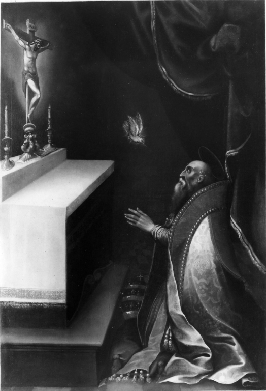 San Gregorio Magno davanti al crocifisso (dipinto) di Giuliani Giorgio (maniera) (fine/inizio secc. XVI/ XVII)