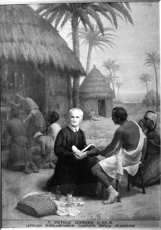 Il Beato Pietro Donders assiste i lebbrosi (dipinto) di Gagliardi Giovanni (sec. XX)