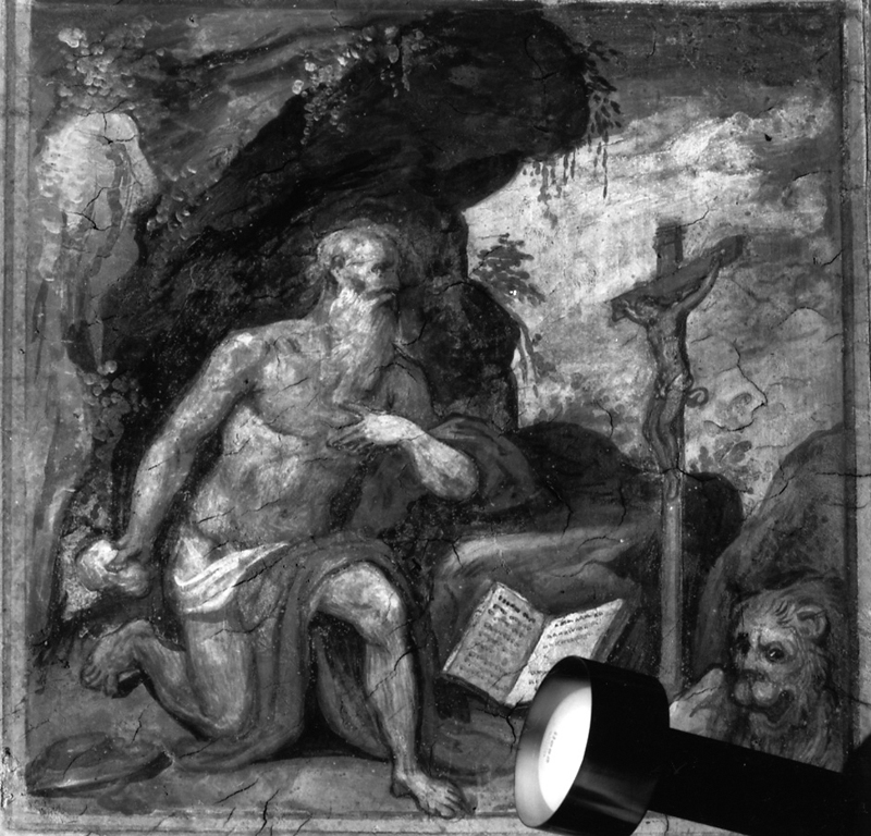 san Girolamo in preghiera (dipinto) di Peruzzi Baldassarre (e aiuti) (sec. XVI)
