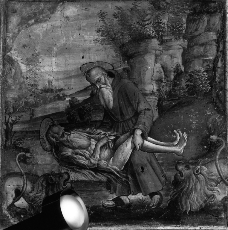 Pafnuzio seppellisce il corpo di sant'Onofrio aiutato da due leoni (dipinto) di Peruzzi Baldassarre (e aiuti) (sec. XVI)