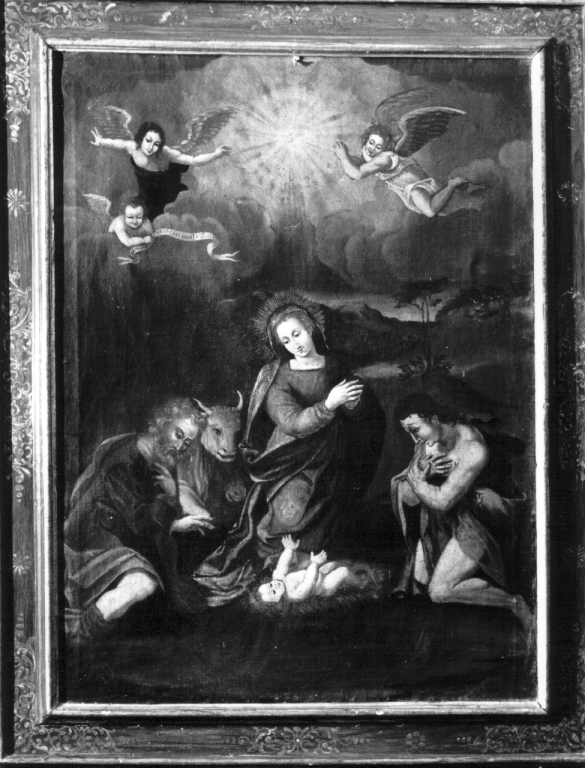 adorazione di Gesù Bambino con la Madonna, San Giuseppe, e San Giovanni Battista (dipinto) - ambito ferrarese (fine/inizio secc. XVI/ XVII)