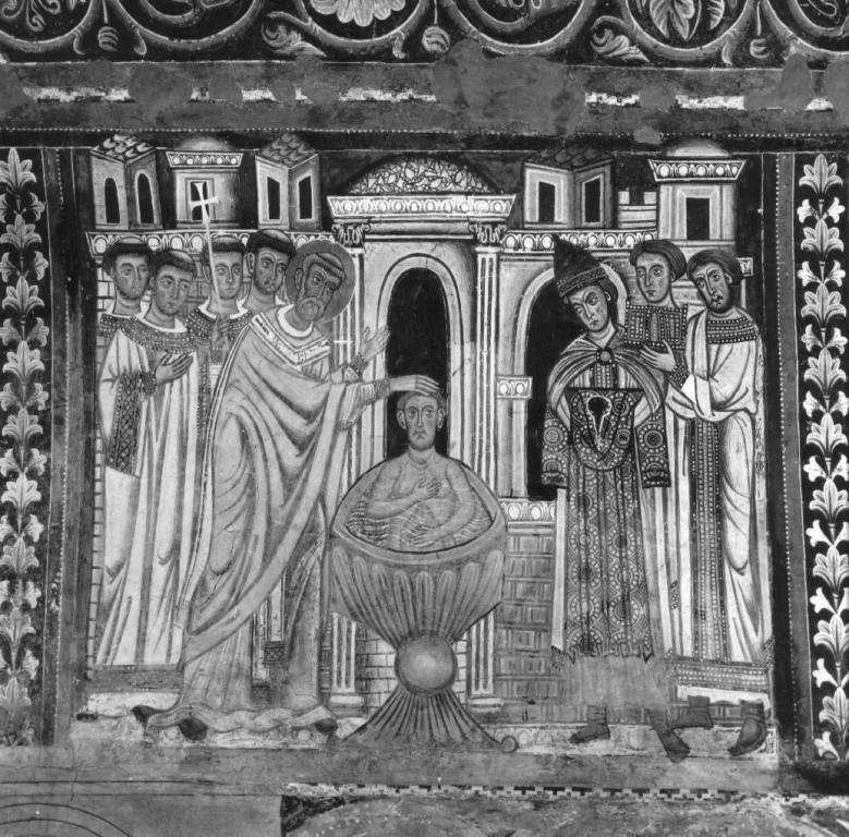 San Silvestro battezza l'imperatore Costantino (dipinto) - ambito romano (sec. XIII)