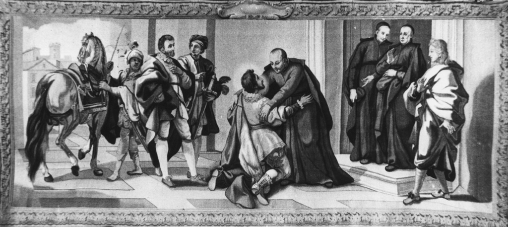 Sant'Ignazio che riceve San Francesco Borgia (arazzo) di Masucci Agostino, Bigatti Giovanni, Gargaglia Antonio (sec. XVIII)