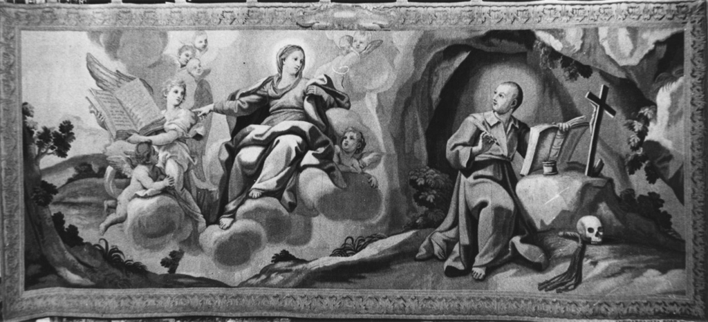 Sant'Ignazio scrive il Libro degli Esercizi nella grotta di Manresa (arazzo) di Masucci Agostino, Bigatti Giovanni, Gargaglia Antonio (sec. XVIII)