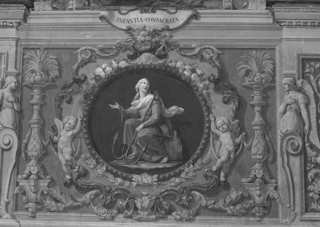 La Fede e la Speranza tra candelabre e iscrizioni (decorazione pittorica) - ambito romano (prima metà sec. XIX)