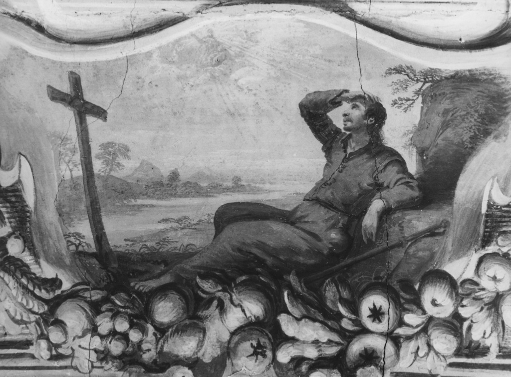 Storie della Vita di Sant'Ignazio: La Madonna appare a Sant'Ignazio nella grotta di Manresa;Sant'Ignazio si fustiga davanti al crocifisso;Sant'Ignazio a Venezia;La Trinità veglia su Sant'Ignazio mentre questi scrive la Costituzione;L'estasi a Manresa (decorazione pittorica, ciclo) di Courtois Jacques detto Borgognone, Pozzo Andrea (sec. XVII)