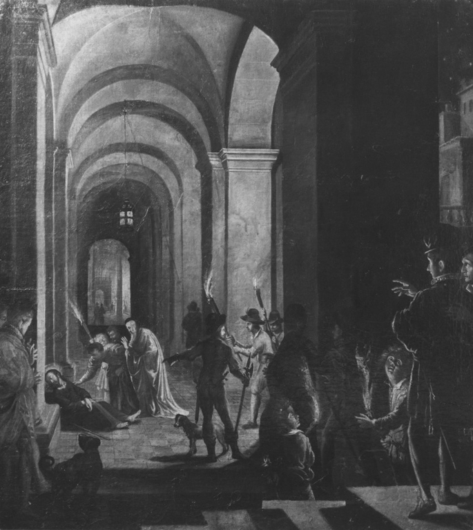 Il senatore Marcantonio Trevisan soccorre il pellegrino Ignazio addormentato sotto il porticato di San Marco (dipinto) di Commodi Giovan Andrea (prima metà sec. XVII)