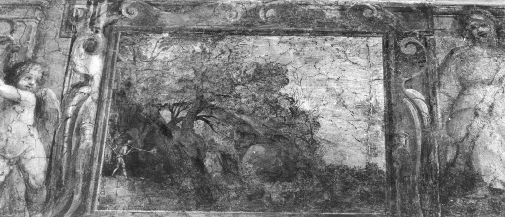 Paesaggio boscoso con cacciatore (dipinto) di Allegrini Flaminio (sec. XVII)