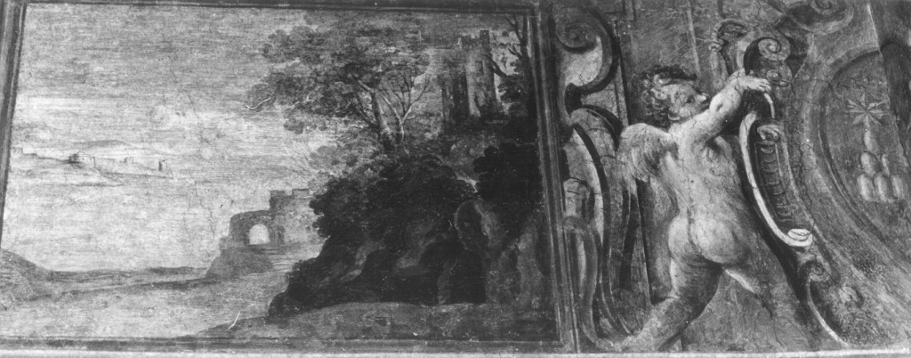 Paesaggio con torre (dipinto) di Allegrini Flaminio (sec. XVII)