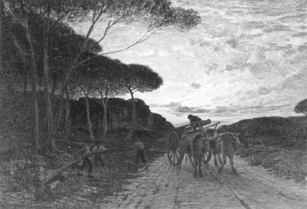 Dintorni di Pisa, Paesaggio con boscaioli (dipinto) di Bertea Ernesto (sec. XIX)
