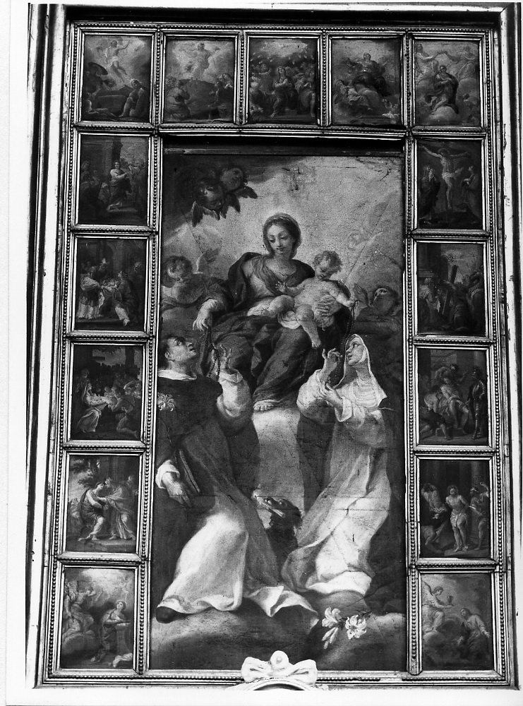 Madonna del Rosario con San Domenico e Santa Caterina da Siena, Madonna del Rosario con San Domenico e Santa Caterina da Siena (dipinto) di Cerruti Michelangelo (attribuito) (sec. XVIII)