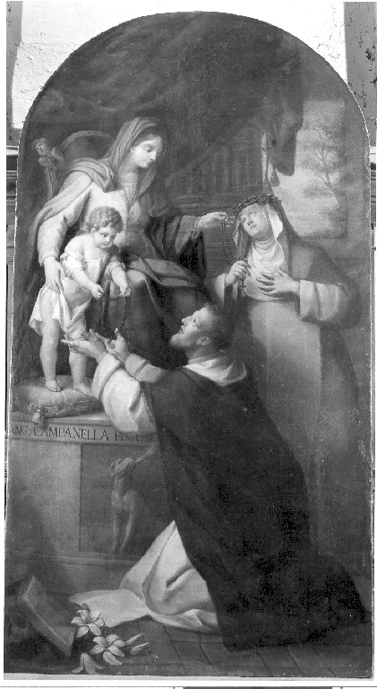 Madonna del Rosario con San Domenico e Santa Caterina da Siena (dipinto) di Campanella Angelo (sec. XIX)
