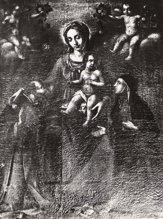 Madonna con Bambino, San Domenico e Santa Chiara (dipinto) di Scagnone Agnese (attribuito) (sec. XVII)