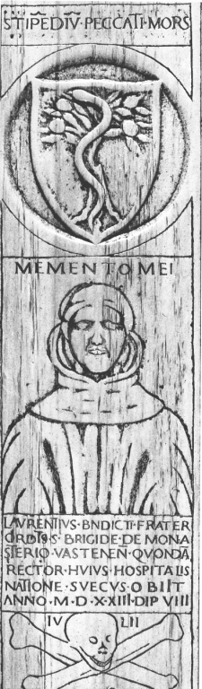 figura umana tra stemma araldico e simbolo di morte (lapide tombale) - ambito romano (sec. XVI)