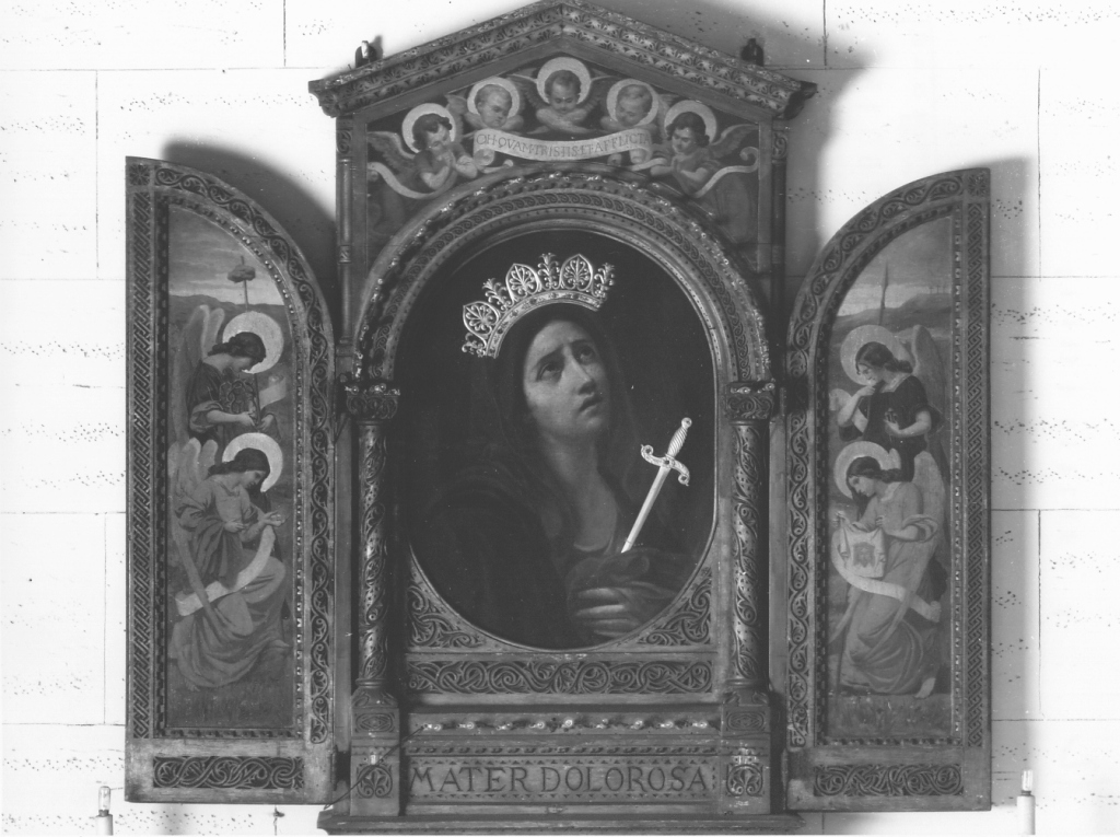 Madonna Addolorata tra angeli e cherubini (dipinto) di Conti Giovanni Battista (sec. XX)