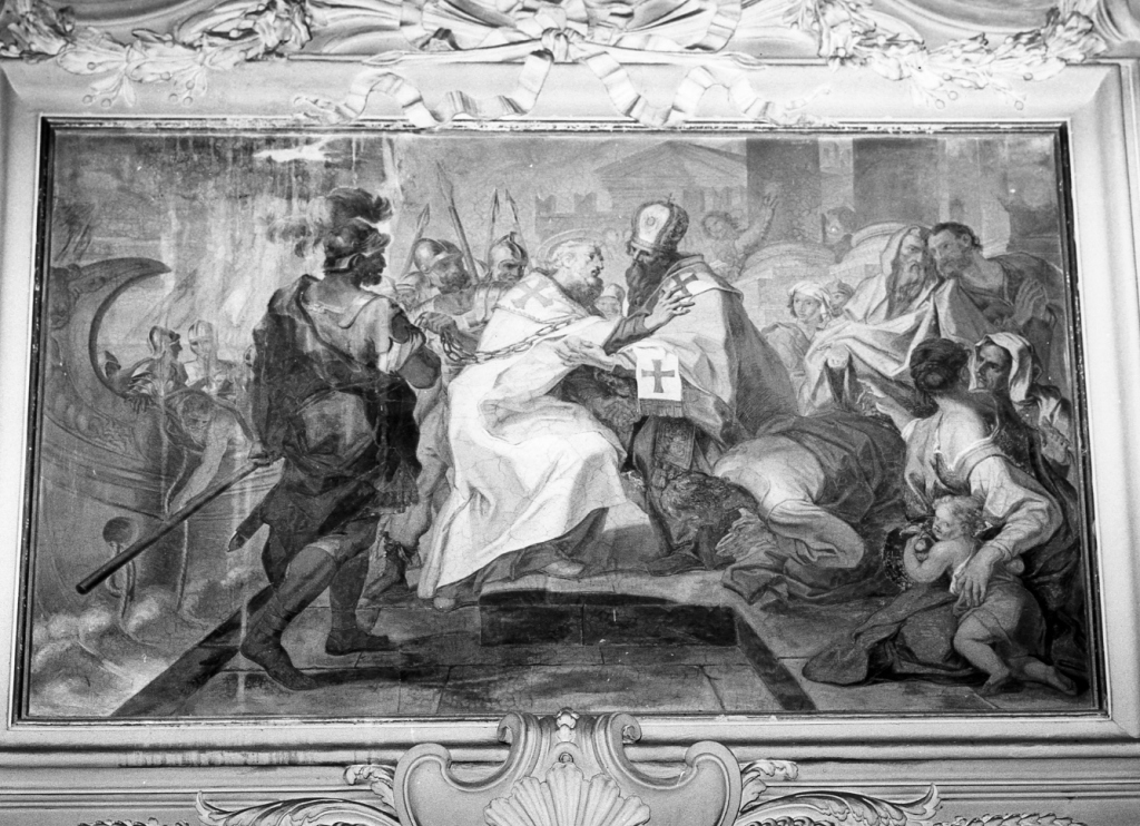 incontro tra Sant'Ignazio e San Policarpo nel porto di Smirne (dipinto) di Triga Giacomo (primo quarto sec. XVIII)
