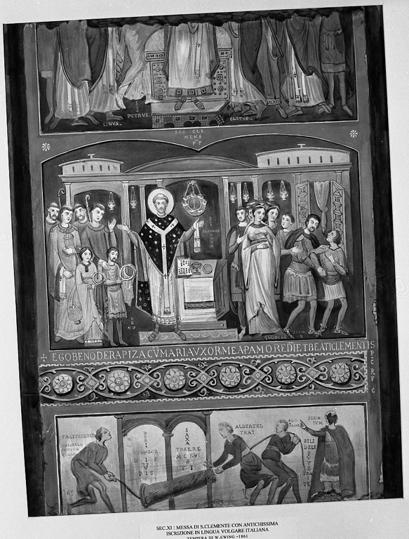San Clemente in trono con i Santi Lino e Cleto; Messa di San Clemente; i servi trasportano una colonna su ordine di Sisinnio (dipinto) di Ewing William (sec. XIX)