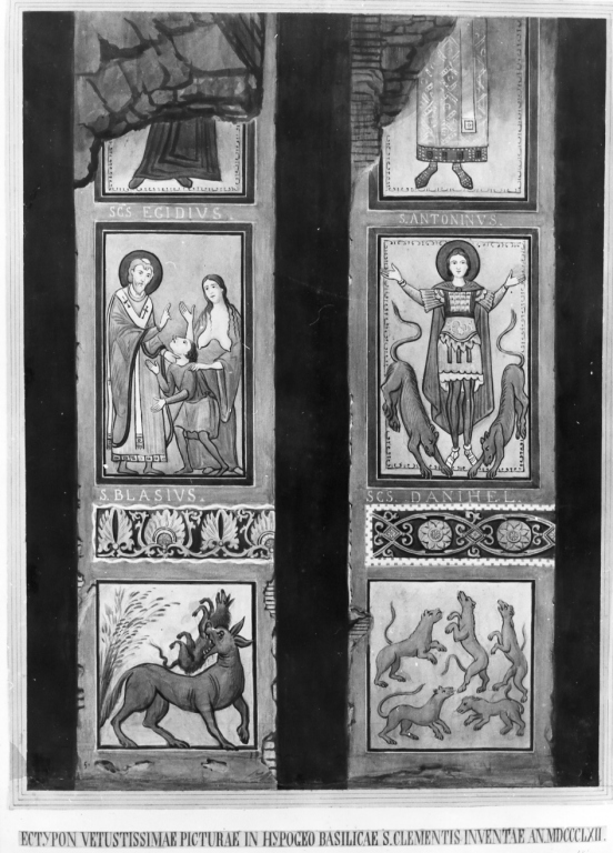 Sant'Egidio; San Biagio; lupo con porcellino in bocca; Sant'Antonino; Daniele nella fossa del leoni; leoni rampanti (dipinto) di Ewing William (sec. XIX)