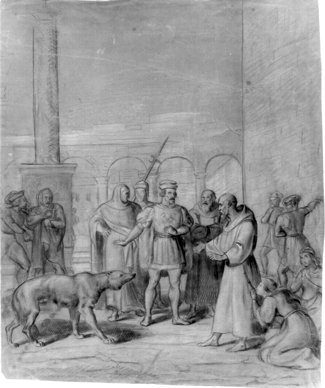 San Francesco d'Assisi ammansisce il lupo di Gubbio (disegno) di Sabatelli Luigi (scuola) (prima metà sec. XIX)