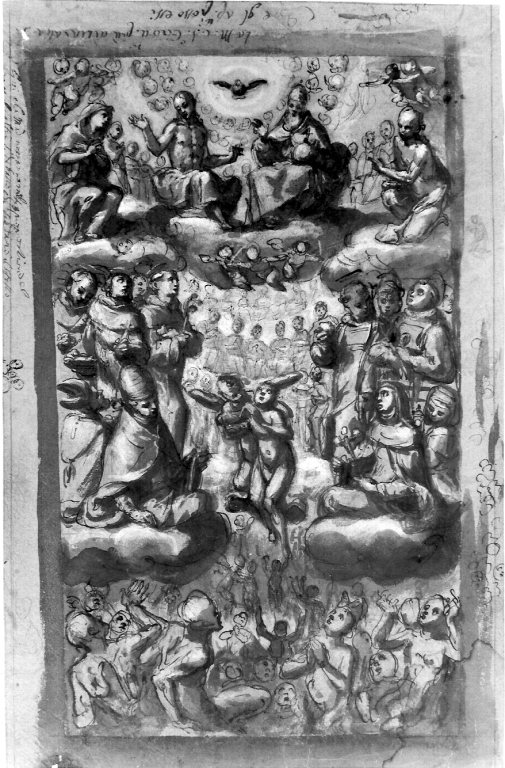 Madonna che intercede per le anime del purgatorio presso la Trinità (disegno) di Pellegrini Vincenzo detto Pittor Bello (sec. XVII)