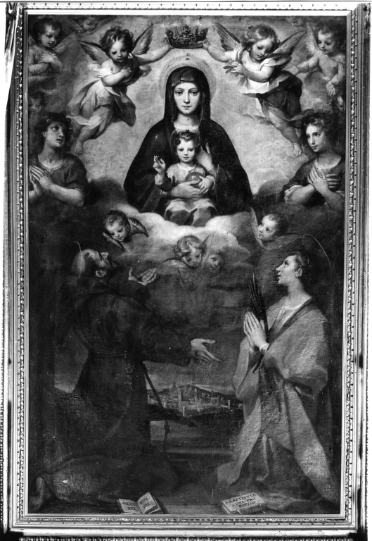 MAdonna degli angeli, Madonna in gloria tra San Francesco, Santa Restituta e angeli (dipinto) di Vanni Francesco (sec. XVII)