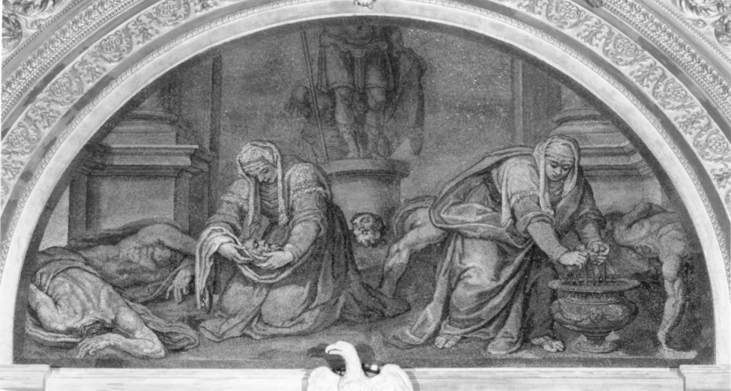 Santa Pudenziana e Santa Prassede raccolgono il sangue dei martiri (decorazione musiva) di Rossetti Paolo, Zuccari Federico (inizio sec. XVII)
