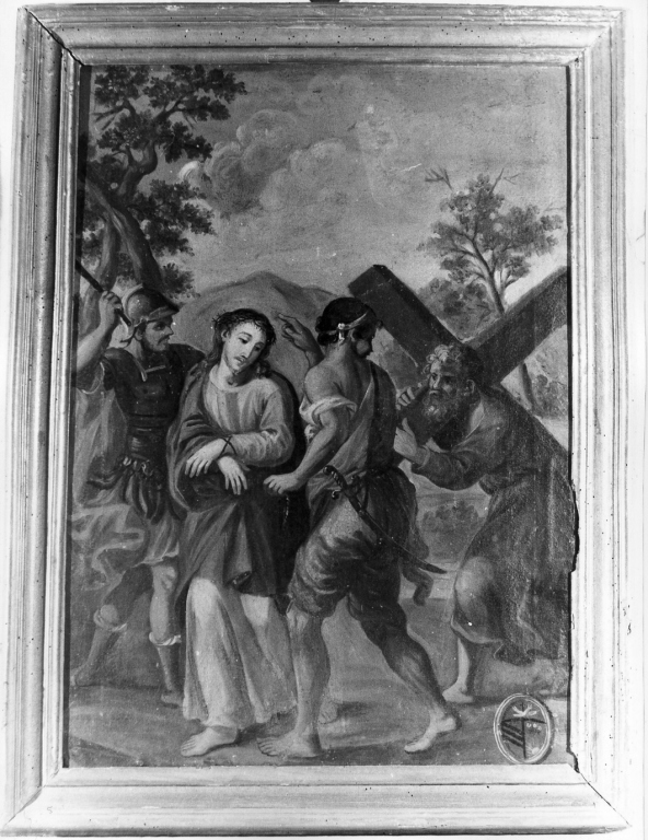 stazione V: Gesù aiutato da Simone il Cireneo a portare la croce (dipinto) - ambito laziale (sec. XIX)