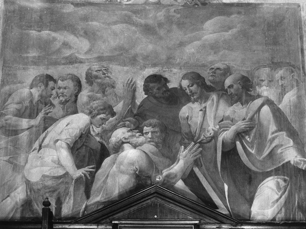 apostoli intorno al sepolcro vuoto e colmo di fiori della Madonna (dipinto, elemento d'insieme) di Cesari Giuseppe detto Cavalier d'Arpino (cerchia) (sec. XVII)