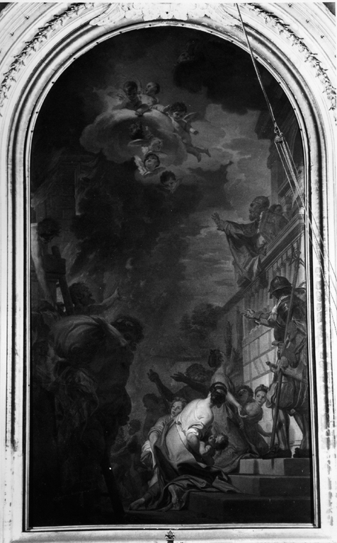 Leone IV spegne con la croce l'incendio di Borgo (dipinto) di Corvi Domenico (sec. XVIII)