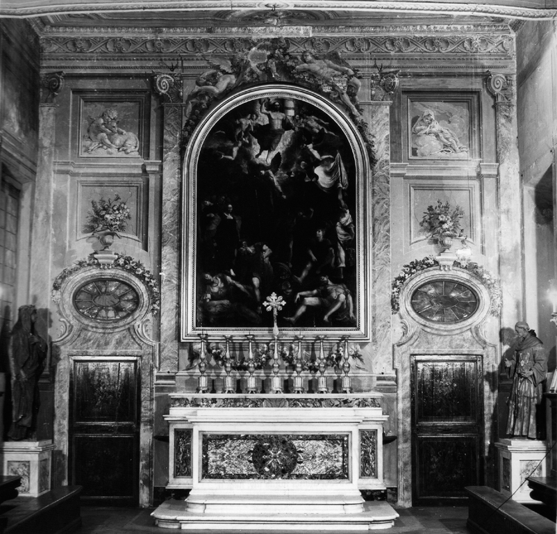 cornice architettonica con motivi decorativi e figure (dipinto) di Kuntz Taddeo (maniera) (sec. XVIII)