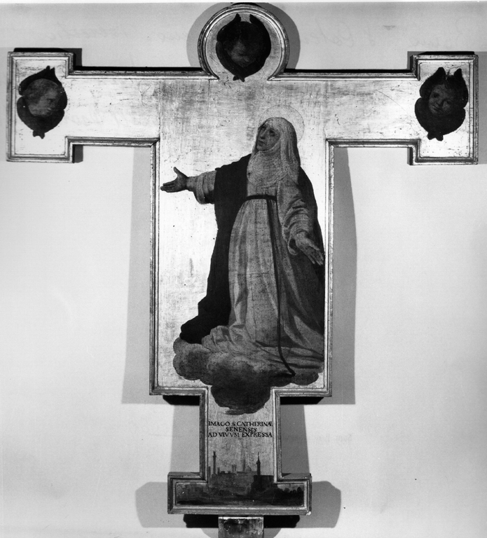 crocifissione di Cristo con la Madonna, San Giovanni Evangelista; Santa Caterina da Siena (dipinto) di Manetti Rutili (sec. XVII)