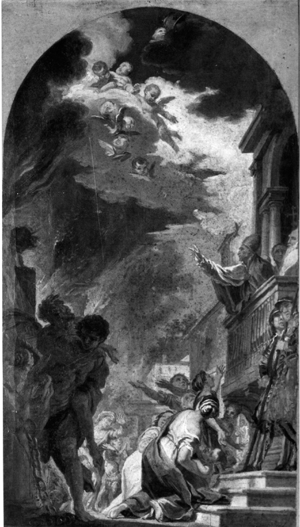 Leone IV spegne con la croce l'incendio di Borgo (dipinto) di Corvi Domenico (sec. XVIII)