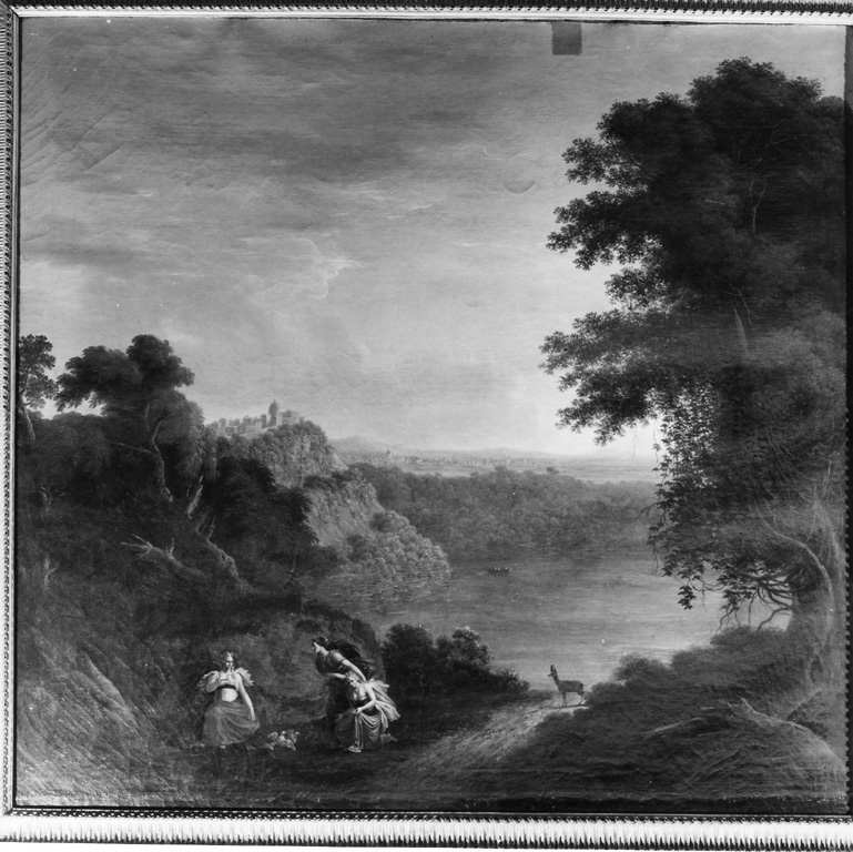 Paesaggio con il lago di Albano e Castelgandolfo (dipinto) di Giani Felice - ambito romano (sec. XVIII)