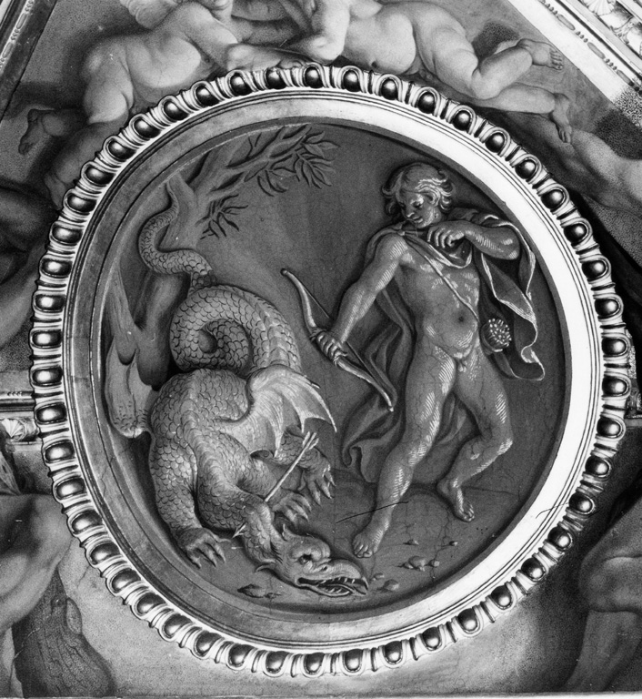 Arciere uccide un drago (dipinto murale) di Chiari Fabrizio (sec. XVII)