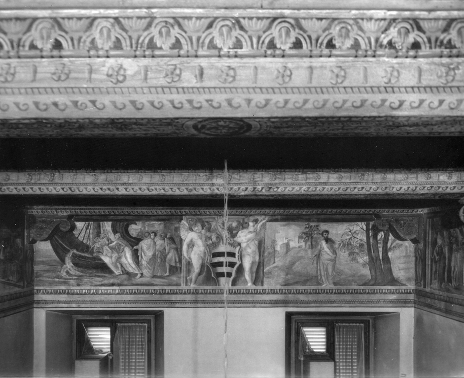 Personaggio barbato con due cartigli, sullo sfondo di una città (dipinto murale) di Bonaccorsi Pietro detto Perin del Vaga (cerchia) (sec. XVI)