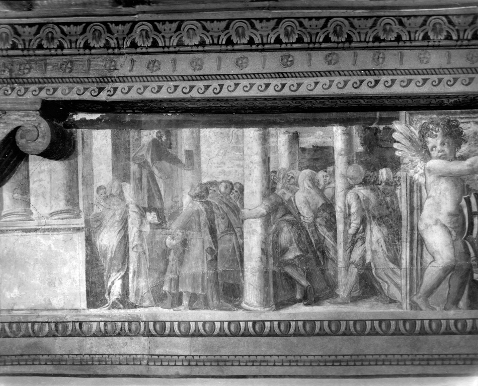 Un uomo su un alto podio arringa una folla (dipinto murale) di Bonaccorsi Pietro detto Perin del Vaga (cerchia) (sec. XVI)