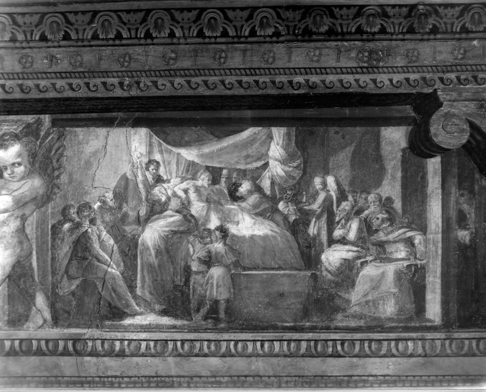 Un personaggio giacente nel letto conferisce con varie persone (dipinto murale) di Bonaccorsi Pietro detto Perin del Vaga (cerchia) (sec. XVI)