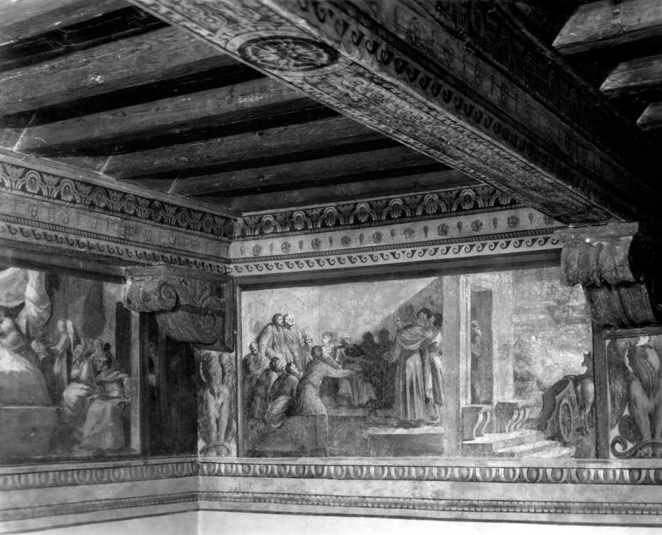 Un personaggio con turbante, giunto su una biga, reca una notizia a un concilio di anziani (dipinto murale) di Bonaccorsi Pietro detto Perin del Vaga (cerchia) (sec. XVI)