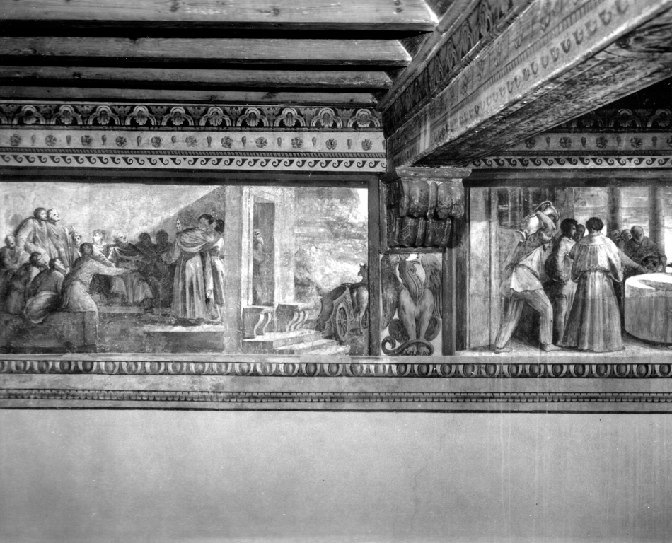 Un vecchio seduto a una tavola tra molte persone sembra rifiutare qualcosa che gli viene portato (dipinto murale) di Bonaccorsi Pietro detto Perin del Vaga (cerchia) (sec. XVI)
