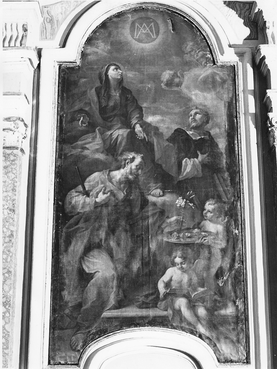 San Giuseppe, Sant'Anna, San Domenico e il monogramma mariano (dipinto, opera isolata) di Pesci Girolamo (attribuito) (sec. XVIII)